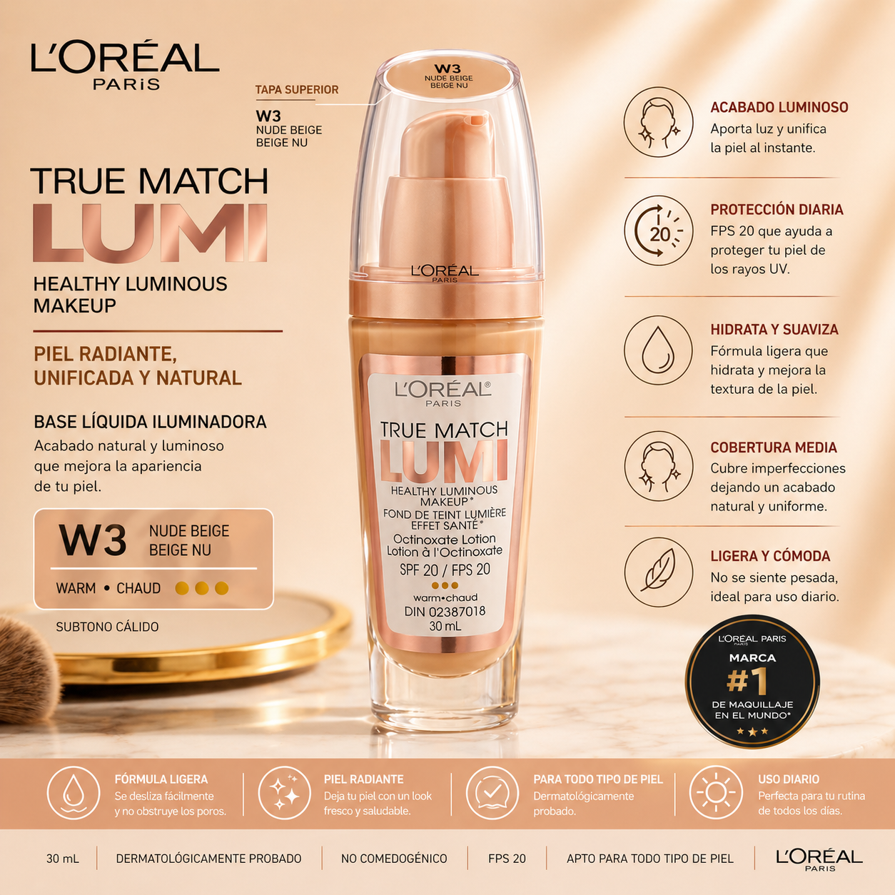 Base de Maquillaje True Match Lumi Nude Beige W3